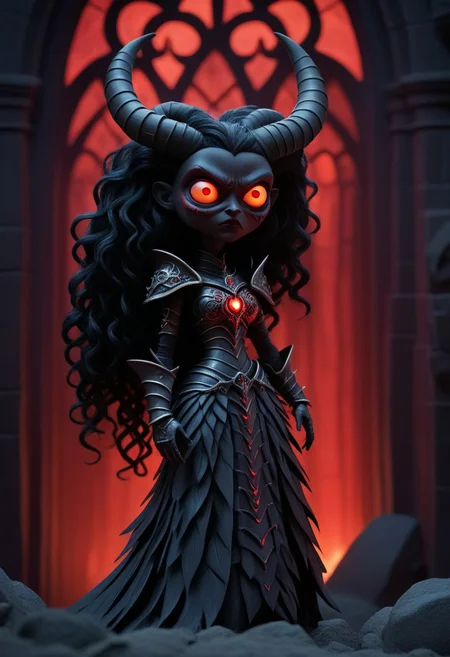 novuschroma51 style claymation,
a archdemon lilith in beautiful but horrific black full plate armor in a satanic cathedral bathed in demonic glow at night, red translucent skin, full body armor, glowing red eyes, extremely long curly black hair with red glowing streaks