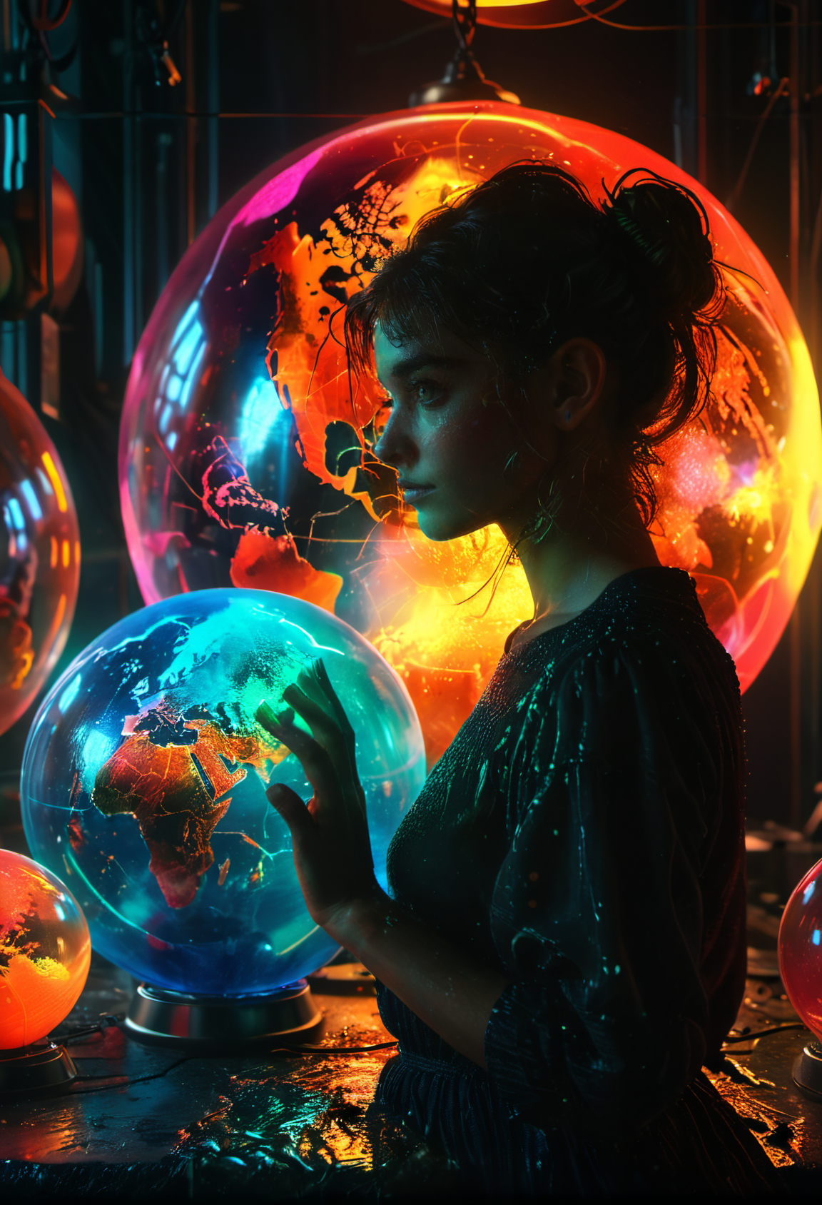 <lora:Lost_In_Dreams:0.75>,bold bright colored globes glow to light a dark space around a beautiful young woman,atmospheric,dramatic, glow effects, godrays, Hand drawn, render, 8k, octane render, cinema 4d, blender, dark, atmospheric 4k ultra detailed, cinematic, Sharp focus, big depth of field, Masterpiece, colors, 3d octane render, 4k, concept art, trending on artstation, hyperrealistic, Vivid colors, extremely detailed CG unity 8k wallpaper, trending on CGSociety, Intricate, High Detail, dramatic