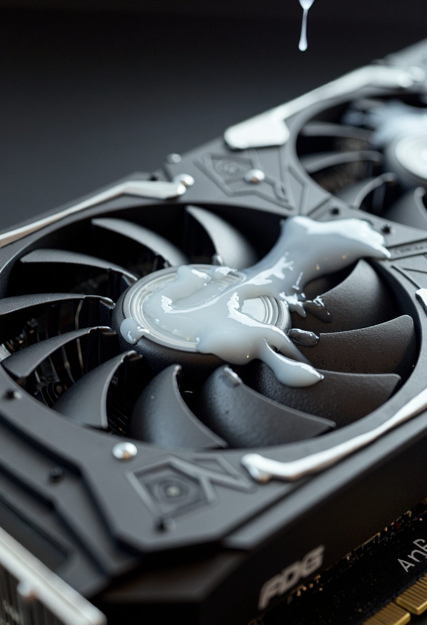 cumshot cum over a high end nvidia graphics card. RTX4090 multiple small splashes of liquid white translucent semen and cum  the liquid cum is mostly translucent and a little white .  the white cum is shot all over with mutliple droplets