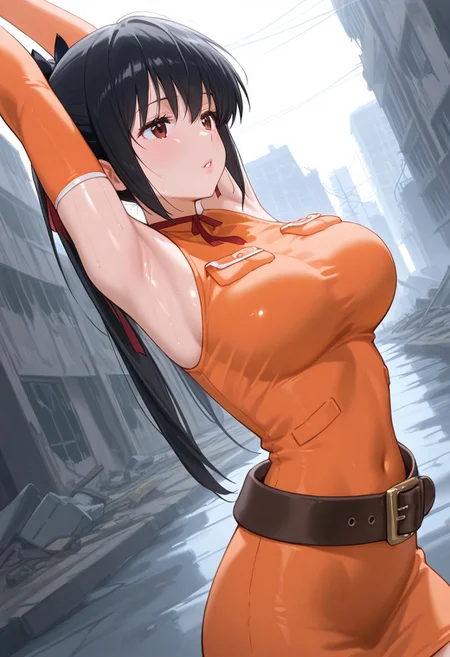 masterpiece,best quality,newest,extremely detailed,highres,incredibly absurdres,absurdres, amazing quality,
shiny skin, lisa_pacifist, black hair, 1girl, solo, ponytail, twintails, long hair, breasts, black hair, brown eyes, parted lips, detached sleeves, bare shoulders, ribbon, belt, hair ribbon, elbow gloves, dress, sleeveless, orange shirt, boots, look away, post apocalypse, empty town, arms up, stretching, upper body, dutch angle,