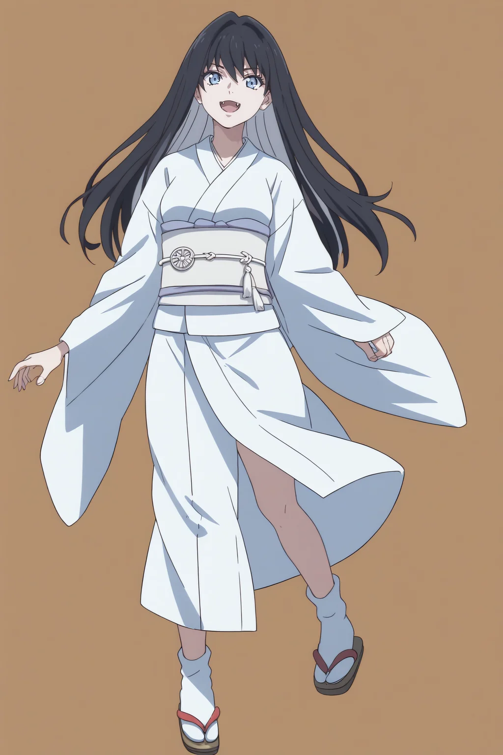 score_9, score_8_up, score_7_up, BREAK, source_anime, <lora:Yuki Onna-PonyXL-lora-Faxtron:0.8> yuki onna, light blue eyes, black hair, multicolored hair, long hair, medium breasts, fangs, japanese clothes, white kimono, sash, obi, white socks, sandals,
