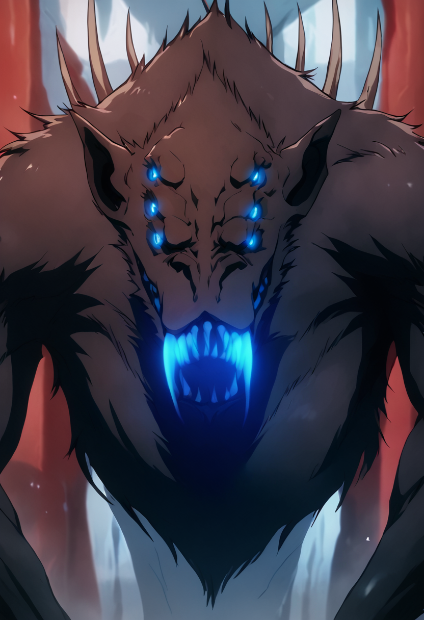 <lora:BlueFangsPony1.0:1> bluefangs, blue eyes, glowing eyes, glowing teeth, multi_eye, fangs, monster, sharp teeth, score_9, score_8_up, score_7_up, score_6_up, score_5_up, score_4_up, upper body,