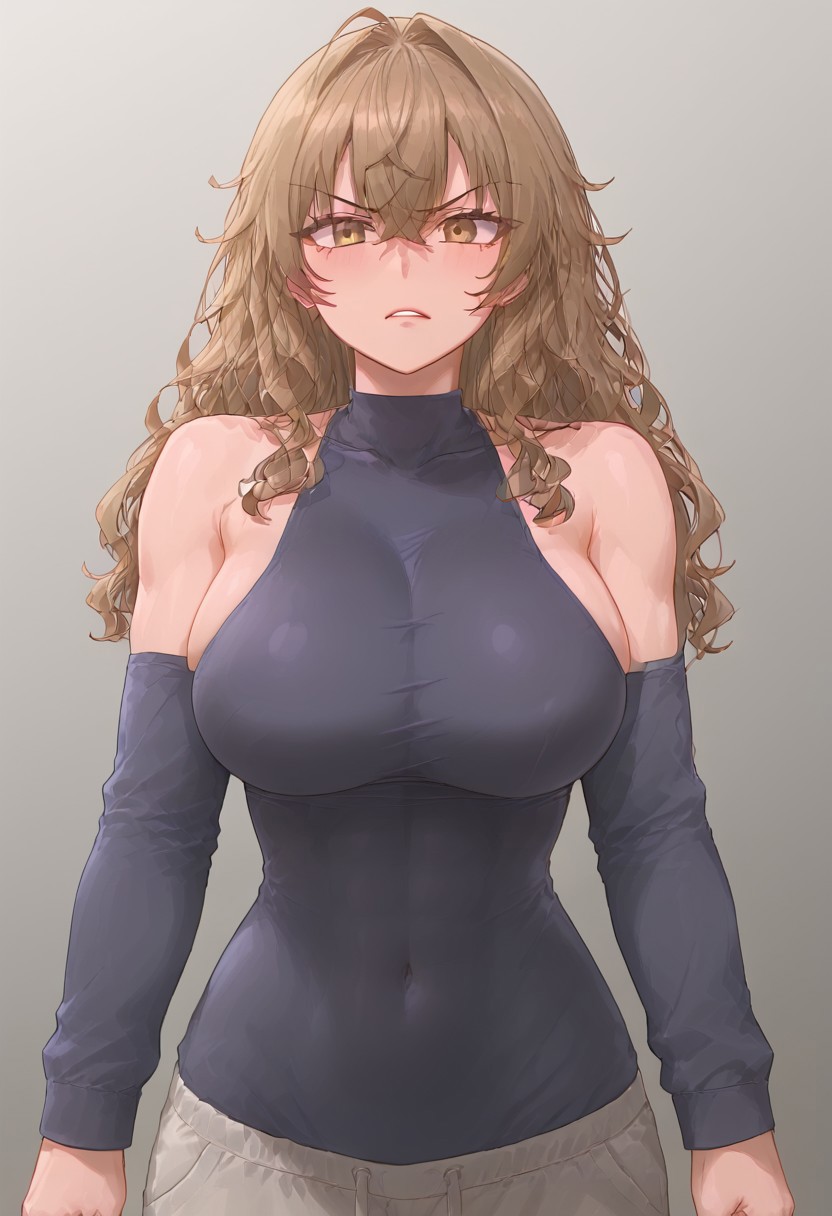 by yohan, ((ultra-detailed)), ((illustration)),ultra detailed anime artwork,by yohan, ((ultra-detailed)), ((illustration)),ultra detailed anime artwork, high The image depicts a stylized, muscular woman in an anime or manga-inspired art style. She has short, dark brown, wavy hair and a determined, intense expression, with her eyes narrowed and lips slightly pursed. Her attire include