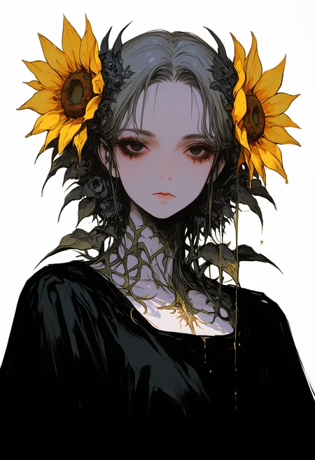 masterpiece, best quality, good quality, very awa, very aesthetic, absurdres, newest, 1girl, solo, looking_at_viewer, simple_background, black_hair, hair_ornament, dress, closed_mouth, upper_body, grey_hair, flower, hair_flower, black_eyes, expressionless, forehead, yellow_flower, sunflower, dripping, 748cmstyle,usnr,retro