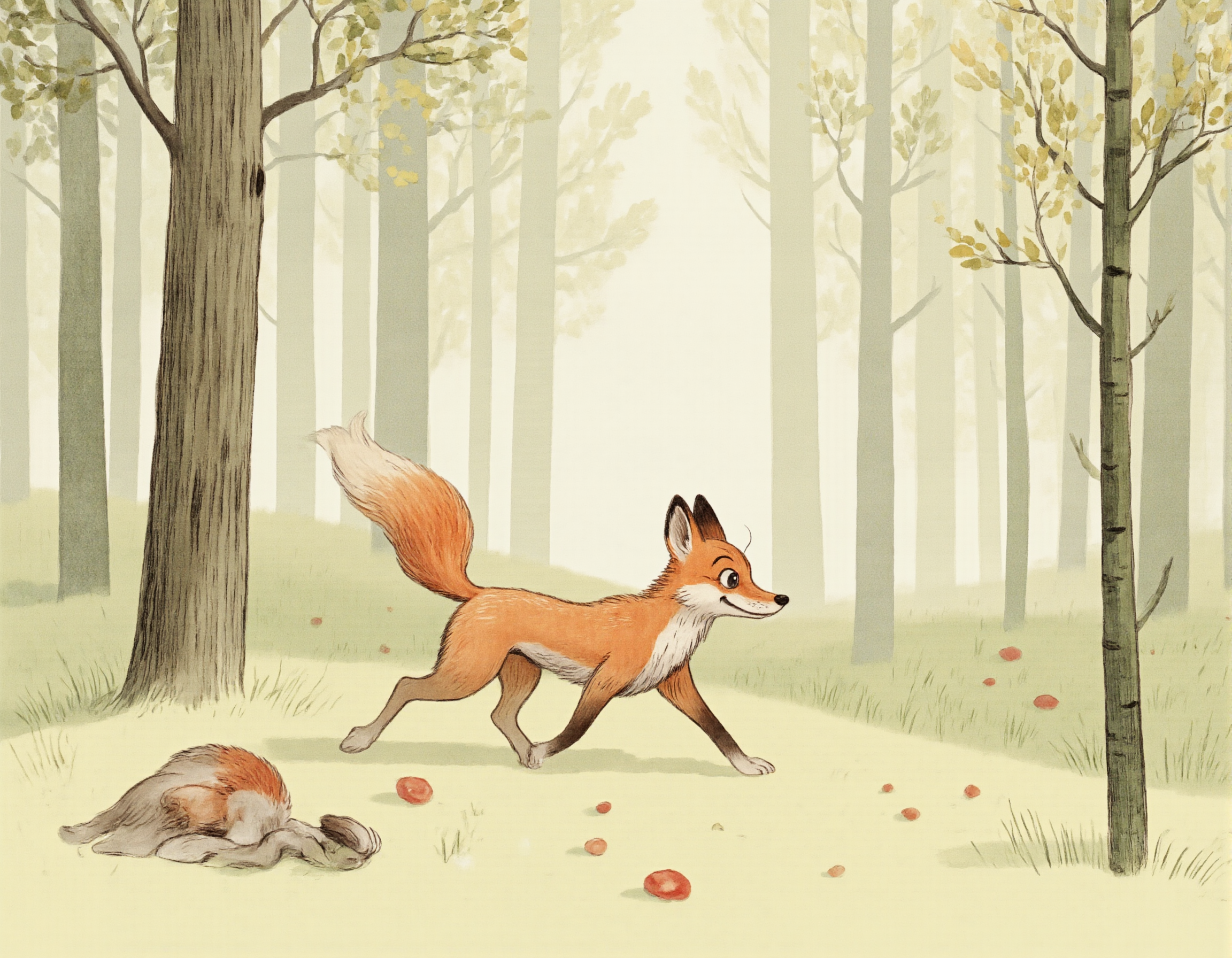 <lora:SUT_NEW:1>, A cheerful little fox walking in a sunny forest, in the style of Vitaly Suteev â bright and soft watercolor colors, cute characters with big expressive eyes, flat vector style, vintage children's book illustration