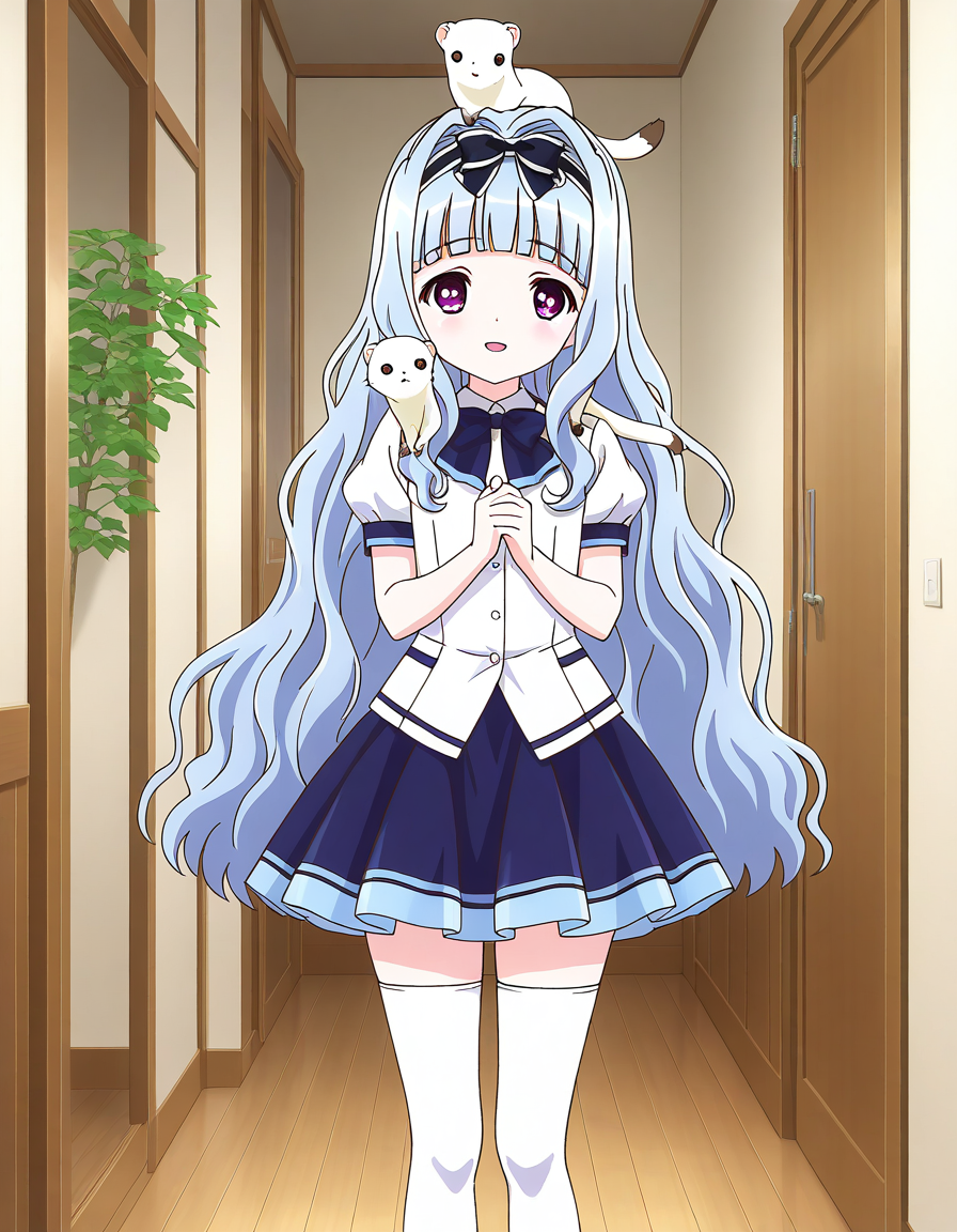 general,highres, ultra-detailed,very aesthetic,best quality ,best hands,  BREAK <lora:Watayuki_BP_IS:1>Watayuki(BP), 1girl,solo, hairband, very long hair, hair bow, purple eyes,  hair intakes, light blue hair, blunt bangs, wavy hair,
thighhighs, school uniform, skirt, white thighhighs, bow, zettai ryouiki, ribbon, blue skirt, light smile,
short sleeves, shirt, open mouth,  white shirt, puffy sleeves, looking at viewer, miniskirt,
three animals,  white_ferret,  animal on shoulder, on head, 
home in the room, flooring, plant,