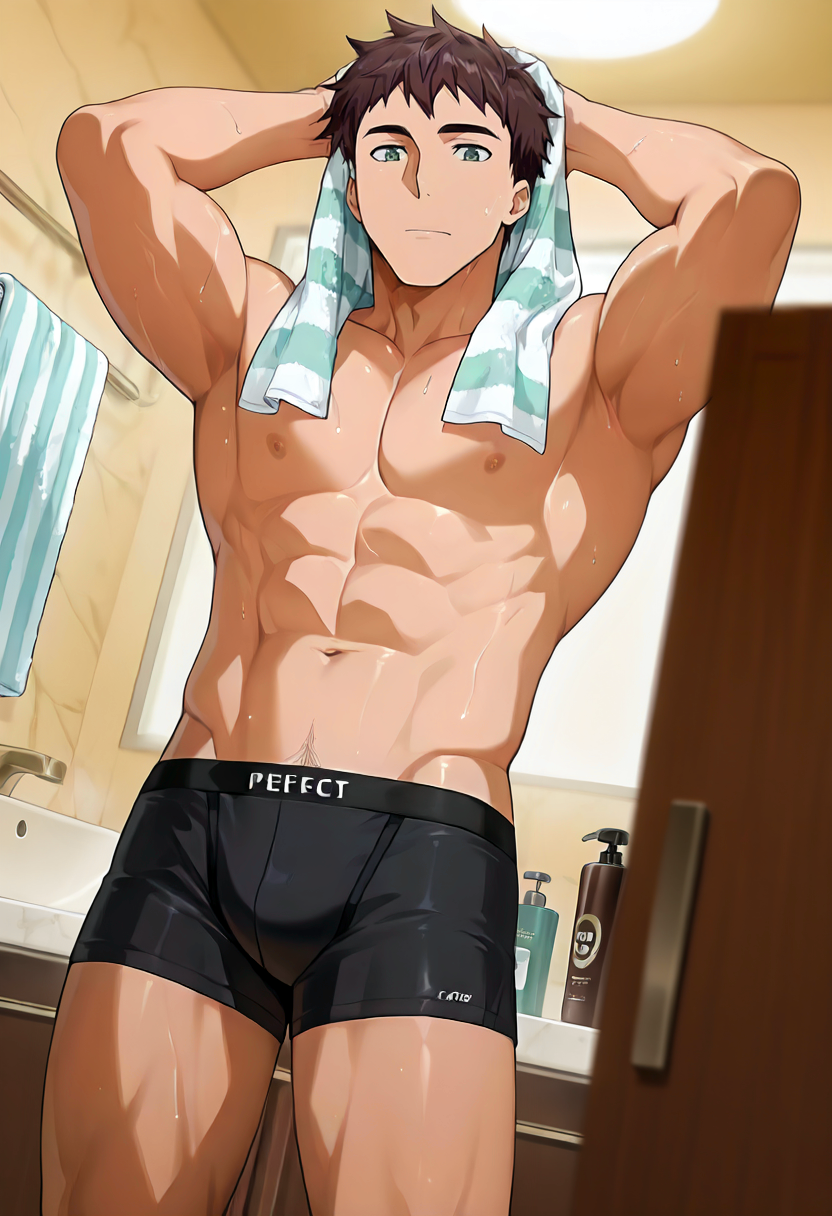 masterpiece, best quality, newest, absurdres, anime screencap, intricate details, good quality, very awa, highres, perfect proportions, perfect eyes, amazing quality, very aesthetic, 1boy, saij0u_l30nhard, brown_l30_hair, green_l30_eyes, solo, male focus, anime coloring, muscular male, from below, topless male, bara, abs, pectorals, navel, (navel hair:0.7), black boxer briefs, shampoo challenge, double biceps pose, dutch angle, low angle, tiled bathroom, detailed background, sink, product placement, towel rack, striped towel, shadow, dynamic angle, dynamic action, atmospheric perspective, intricate lighting, intricately detailed illustration, depth of field, <lora:Saijou_Leonhard_The_Irregular_at_Magic_High_School:1>