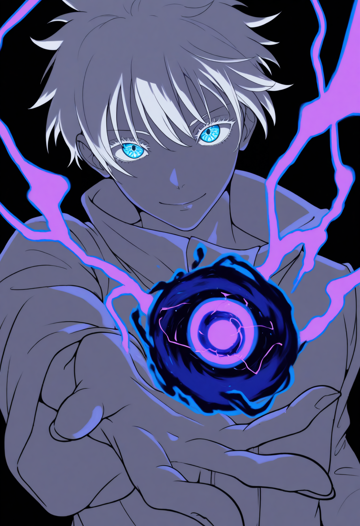 masterpiece, best quality, 1boy, solo, gojou satoru, white hair, blue eyes, lineart, monochrome, strong contrast, foreshortening, simple background, black background, looking at viewer, spot color, splash, smile, reaching towards viewer, (magic, purple lightning:1.4), holding magic, energy ball