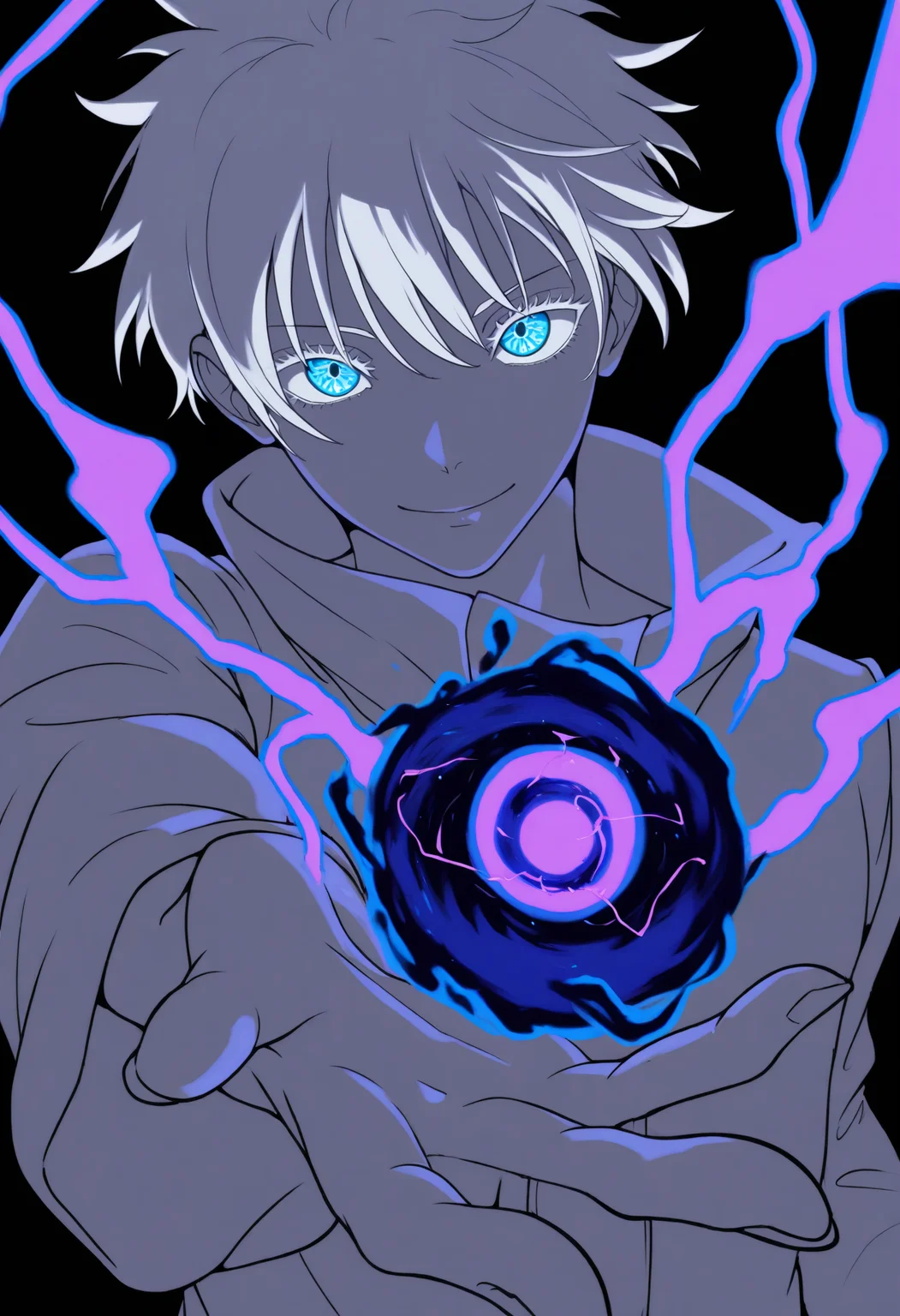 masterpiece, best quality, 1boy, solo, gojou satoru, white hair, blue eyes, lineart, monochrome, strong contrast, foreshortening, simple background, black background, looking at viewer, spot color, splash, smile, reaching towards viewer, (magic, purple lightning:1.4), holding magic, energy ball