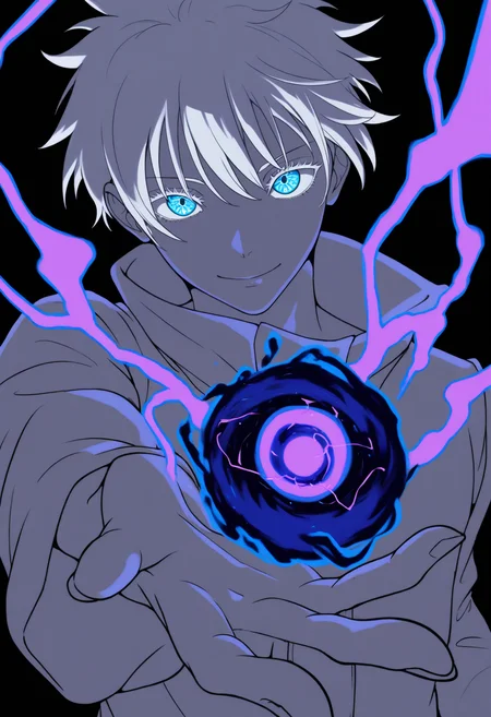 masterpiece, best quality, 1boy, solo, gojou satoru, white hair, blue eyes, lineart, monochrome, strong contrast, foreshortening, simple background, black background, looking at viewer, spot color, splash, smile, reaching towards viewer, (magic, purple lightning:1.4), holding magic, energy ball