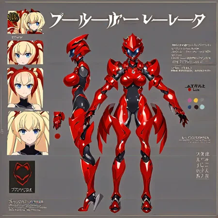 a girl wearing a red mech armor with a black leotard, thigh, blonde, twintail, blue eyes, model sheet, multiple views of the same character,model sheet,chatacter sheet