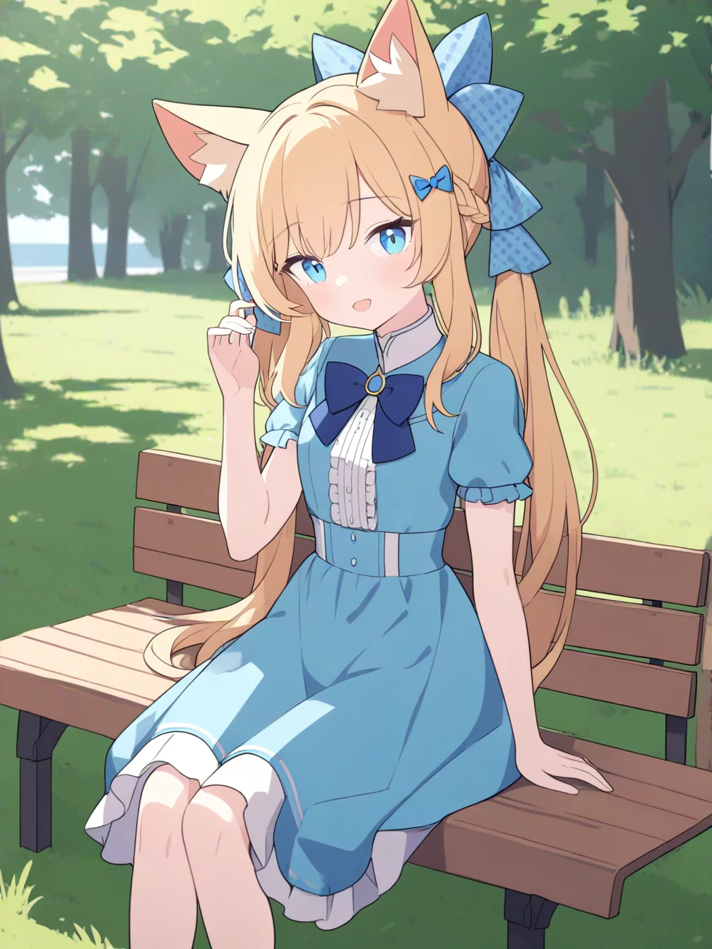 1girl,solo,cat ears,animal ear fluff,hair ornament,hair bow,long hair,blonde hair,low ponytail,twintails,blue eyes,open mouth,blue bow,dress,blue dress,braid,short sleeves,white frills,
looking at viewer,open mouth,light smile,hand up,hand on own hair,sitting on bench,
outdoors,landscape,flower,grass,water,tree,bench,
<lora:ag31-jyt_1-000030:1>,