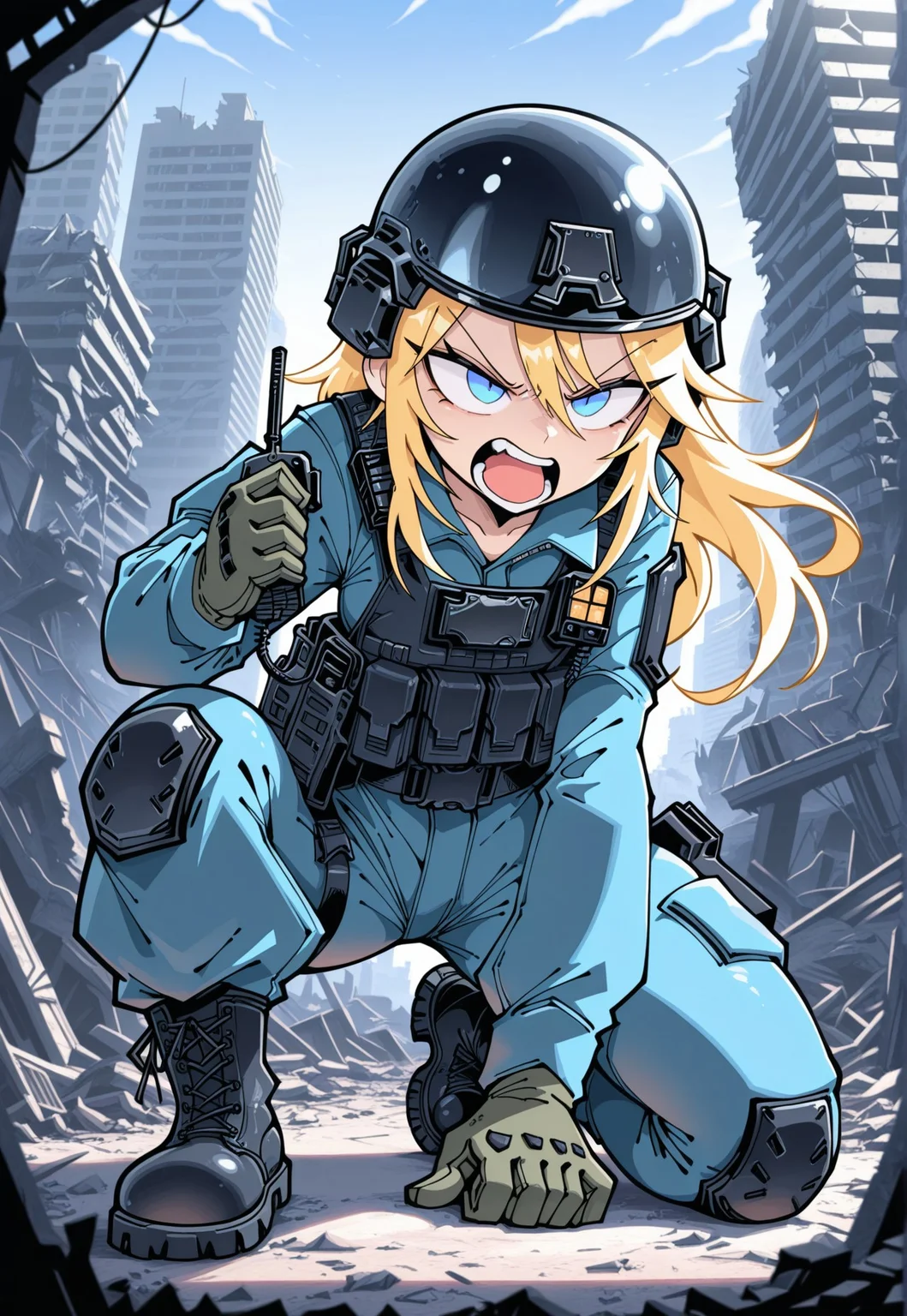 masterpiece, best quality, 1girl, solo, Funset, wearing Jedtgr, jumpsuit, tactical gear, utility belt, combat boots, helmet, blonde hair, long hair, blue eyes, on one knee, holding walkie talkie, open mouth, shouting, serious expression, outdoors, ruins, city