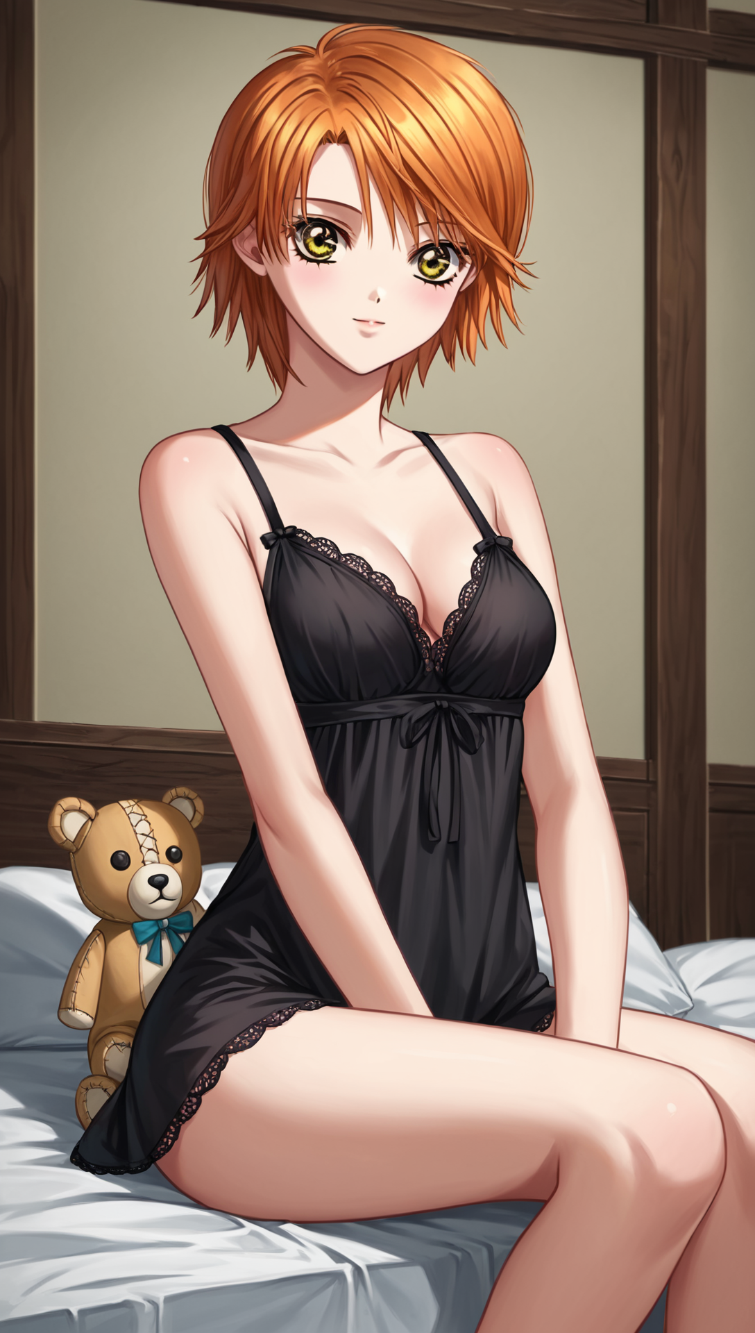 zPDXL2, rating_safe, source_anime, 4k quality, detailed background, detailed eyes, anime style, dutch_angle, looking at viewer, cowboy shot, indoors, bedroom, sitting on bed, holding voodoo dolls, voodoo dolls, black nightgown, <lora:mogami-kyoko-xl-04:1>, mogami kyoko, yellow eyes, medium breasts,