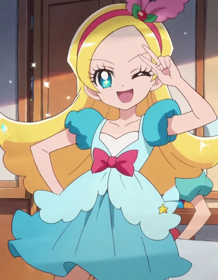 score_9, score_8_up, score_7_up, 1girl, solo, anime screencap, kiraboshiciel, one eye closed, hairband, smile, open mouth, looking at viewer, blue dress, hair ornament, ;d, puffy sleeves, skirt, zettai ryouiki, cowboy shot,small breasts,<lora:kiraboshiciel:0.8>