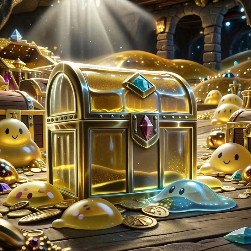 chalice made out of slime, fancy cup made out of slime, fancy chalice made out of slime, Detailed chalice made out of gold slime, Gem-studded slime chalice, multi-colored gems made out of slime, in a room of treasure made out of slime, gold coins and bars made out of slime, wood-like treasure chest made out of slime, wood-colored slime chest,
treasure-room, treasure, treasure chest, gemstone, coins, gold bars, gold pile,
everything made of slime, No simple background,
((translucent slime)), ((transparent slime)), (bioluminescent slime), sl1m3, slime, great lighting, even lighting, no bright spots,