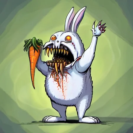 a monster rabit eating a lage screaming carrot with arms and face in a cage <lora:rob_sheridan_drawing_style:1>