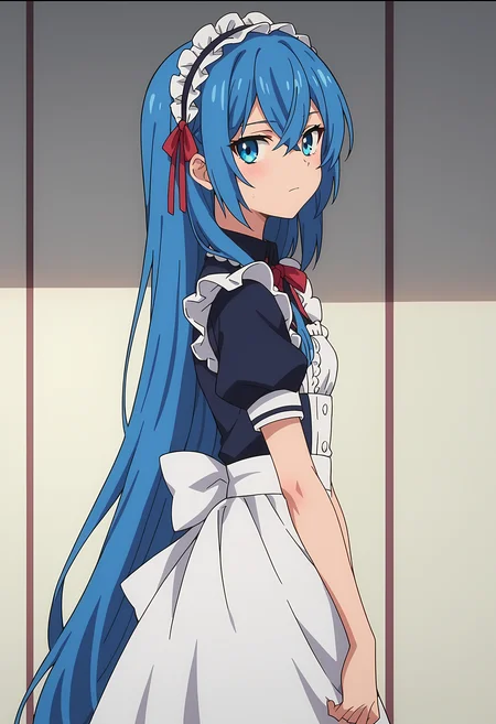 score_9, score_8_up, score_7_up, source_anime, 2d,
Astarte, 1girl, blue hair, very long hair, blue eyes, very small breasts, maid hairband, red ribbon, black collar, white maid outfit, blue outfit, white armband, short sleeve,
anime coloring, anime screencap, detailed eyes, zPDXL, perfect faces, uncensored, rating_explicit, <lora:astarte_0-000025:1>,
from side, looking at viewer,