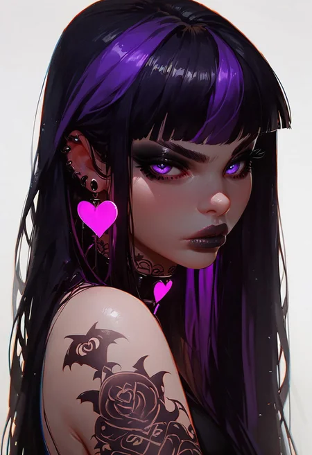 score_9, score_8_up, score_7_up, goth girl, 1girl, solo, looking at viewer, long hair, bare shoulders, glowing heart choker, (black hair, purple hair, two-tone hair), tattoos, purple eyes, full pouty lips, makeup, white background whitespace, portrait, looking at viewer, unfinished art