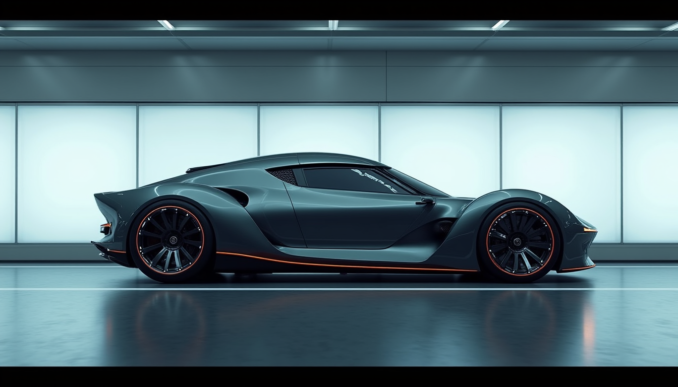 A picture of a futuristic yfg-sde in a tunnel. The camera is positioned perfectly perpendicular to the side of the car.