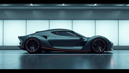 A picture of a futuristic yfg-sde in a tunnel. The camera is positioned perfectly perpendicular to the side of the car.