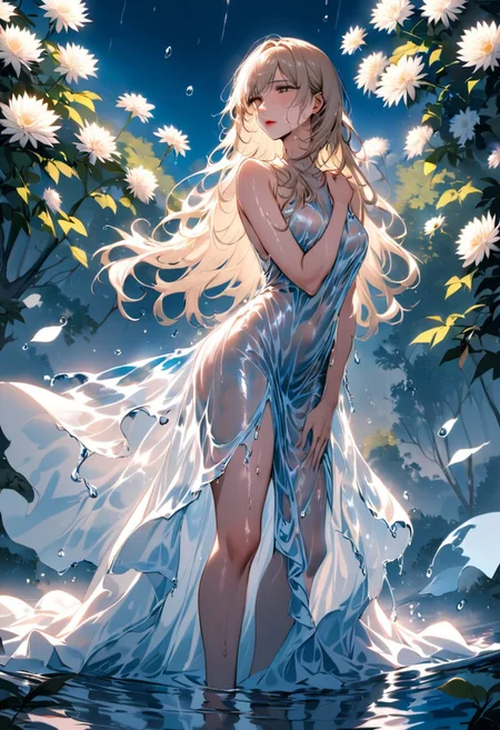 best quality, high resolution, 8k aesthetic,
out of the sun rainstorm sunshine,
A sea of chrysanthemums. A girl wearing a blue lower body, beautiful eyes and stunning red lips. trees with white leaves rest in the background. the cloudy sky breaking to reveal the blue moon. rain is pouring across the landscape as heavy wind blows the white flowers that flood the ground. lightning strikes in the background directly hyper realistic. Epic scene like a dream. Leaves are fluttering around the women. As she stands on a river her dress made of beautifully detailed water. Beautiful masterpiece of art.. beautiful contrast of the light along the water which has an incredible reflection.tiptoeing. dress made of water on the female. high aspect ratio. beautiful composition. detailed textures.