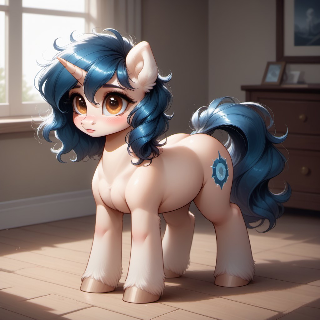 rating_questionable, score_9, score_8_up, score_7_up, pony, feral, cute pony, Drowsy Gleam, unicorn, blush, soft skin, soft hips, big beautiful eyes, hips, butt, tummy, indoors, illustration, CG, shiny hair, ultra-detailed-eyes, eyelashes, detailed, MegaFluffyPony, fluffy