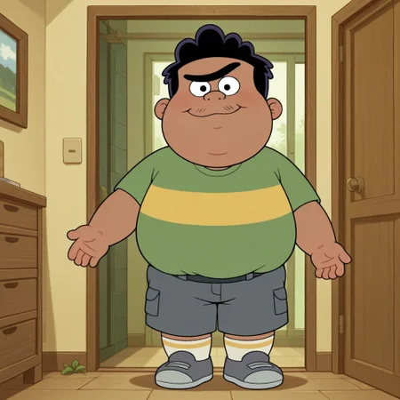 Masterpiece, dynamic, expressive, best quality, amazing quality, detailed, detailed background, detailed shading, solo, bignacho, unibrow, mustache hairs, black hair, male, solo, fat, plump, obese, tan skin, dark skin, green shirt with yellow stripes, grey shorts, socks, grey shoes, shirt tucked into shorts, standing, inside, looking at viewer, eye contact, happy, smiling, dynamic