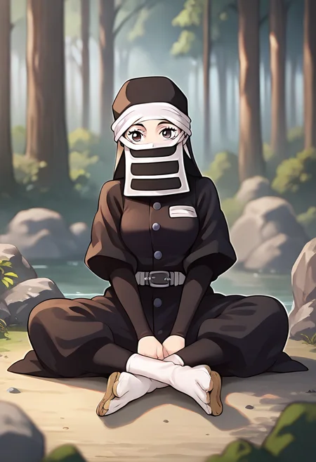 score_9, score_8_up, score_7_up, source_anime, masterpiece, 1girl, ctiankakushi, medium breasts, black headwear, mouth mask, black uniform, whbelt, black pants, tabi, zouri, looking at viewer, outdoors, forest, depth of field, sitting, rock, <lora:Kakushi_Pony_ct:0.9>