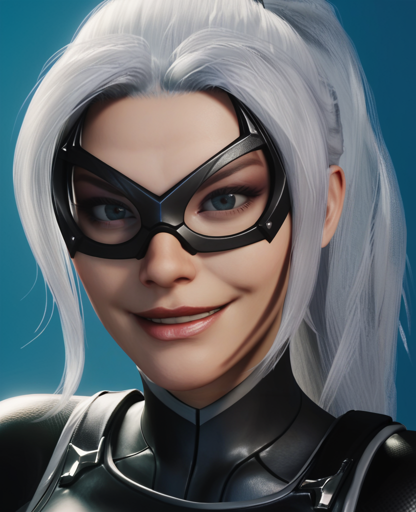 score_9,score_8_up,score_7_up,score_6_up, 3d, realistic, <lora:Black_Cat_ps4ps5_Pony-000007:0.6> , blackcat, 1girl, long hair, gloves, ponytail, white hair, bodysuit, black bodysuit, domino mask, close up, portrait, smile,