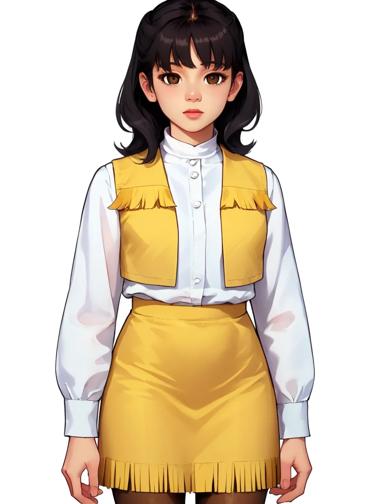 score_9, score_8_up, score_7_up, 1girl, solo,<lora:100_shaider_annie_pdxl:1> 1girl, solo, annie_shaider, anncost2, black hair, shoulder length hair, bangs, brown eyes, Japanese woman, white standing collar shirt, yellow vest with fringe, yellow fringed skirt, pantyhose, standing, empty background, white background, looking at viewer, close up view, source_explicit, mind controlled, zombified, empty eyes, blank stare, at attention