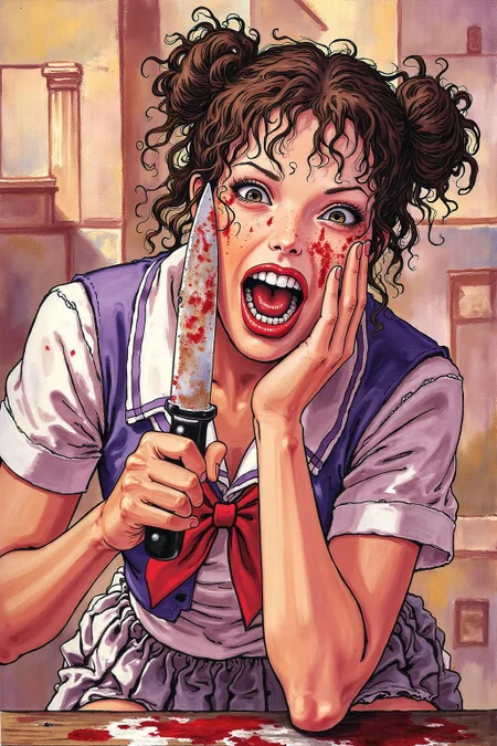 itacomic1 illustration. masterpiece, best quality, amazing quality, very aesthetic, absurdres, newest, scenery, 1girl, toga himiko, teeth, open mouth, blood on face, smile, double bun, crazy eyes, holding knife, hand on own cheek, upper body, school uniform backlighting, from above, dutch angle, , close-up, photorealistic, dutch angle, (colorful), from above, (((paint splatter))),fisheye, , masterpiece, best quality, amazing quality, very aesthetic, absurdres, newest, scenery, volumetric lighting <lora:itacomic_mima4_nocap_d4a2:1.0><lora:801713997507231464:0>