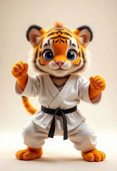 Cute baby tiger in kung-fu pose, karate uniform