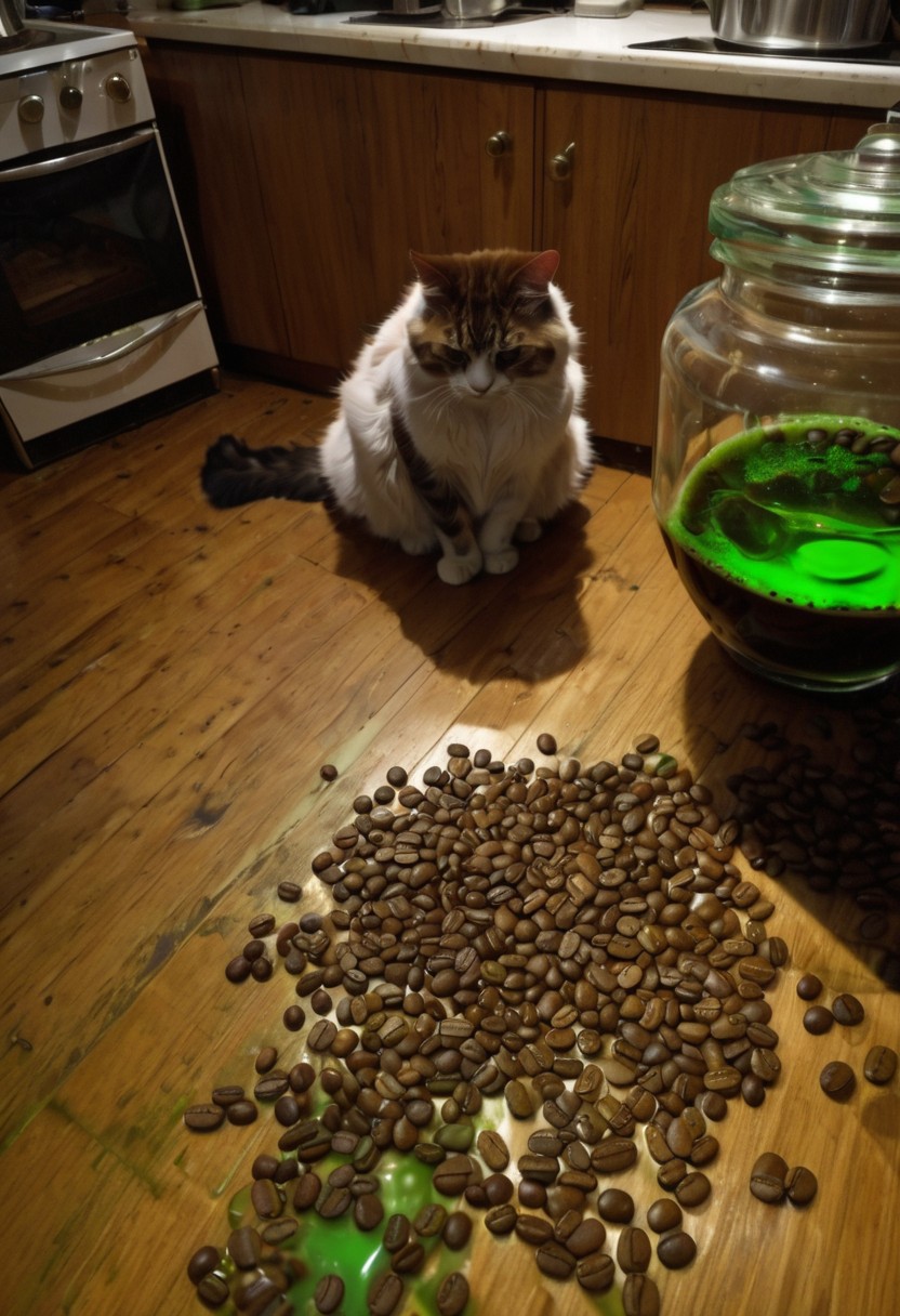 clutter, trash, no humans, kitchen, wooden floor, realistic, cat, cats, coffee beans, plant, spotlight, low key,  dark, snow, glass bottle, green goo, back lit