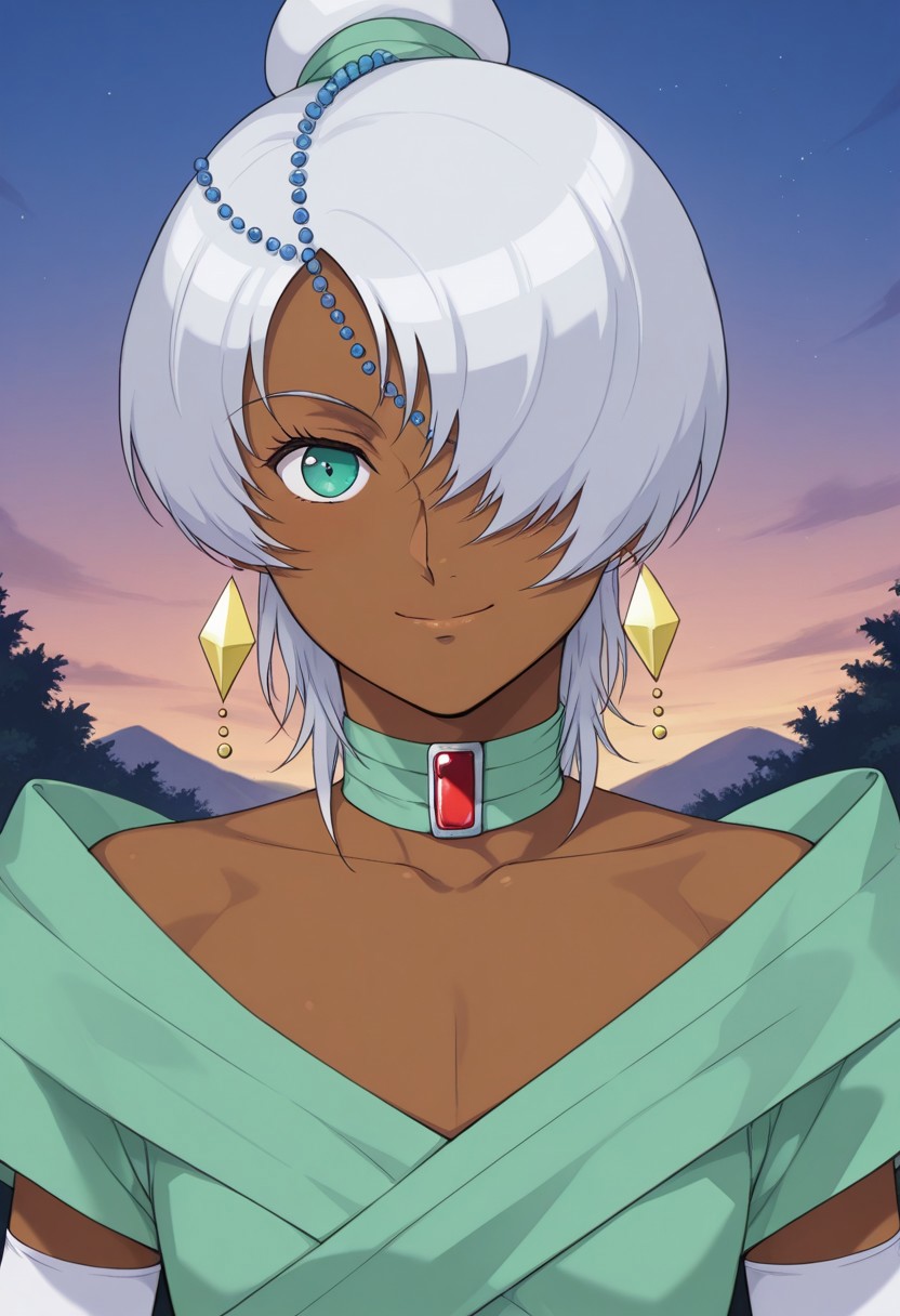 a young boy,1boy, Laura Rolla, otoko_no_ko, crossdressing, green_eyes, white_hair, hair_over_one_eye, dark_skin, green_dress,looking at viewer, (boy focus,detailed face,smile),(upper body),outdoor,sky,BREAK score_9, score_8_up, score_7_up, source_anime,masterpiece, best quality,official art,perfect_anatomy,retro_artstyle