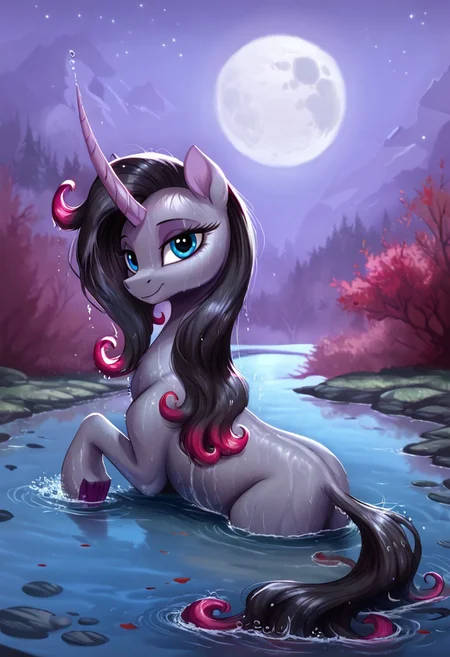 score_9, score_8_up, score_7_up, score_6_up, score_5_up, score_4_up, rating_questionable, body, , female, pony, solo, solo female, bathing, beautiful, bedroom eyes, bridge, cute, lake, looking at you, looking back, moon, night, water, wet, sweet dreams fuel, praise the moon, lunabetes, swanluna, smiling, spread wings, cottagecore, g4, detailed, beautiful, <lora:Wholesome-MLP-v1.4b:1>, unicorn, [long horn], black tail, solo,female, feral, gray fur, black hair with pink tips, blue eyes, purple hooves, Oleander TFH