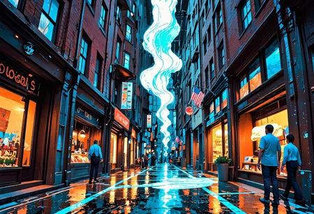 A bustling city street folds and twists like a crumpled sheet of paper, yet the people walking along it seem unfazed. Buildings stretch and curve into impossible shapes, their windows and doors distorted like a funhouse mirror. A cyclist rides along a road that loops in on itself, and a streetlight appears to be melting into a pool of liquid light. The perspective shifts unpredictably, making it hard to tell which way is up or down.
