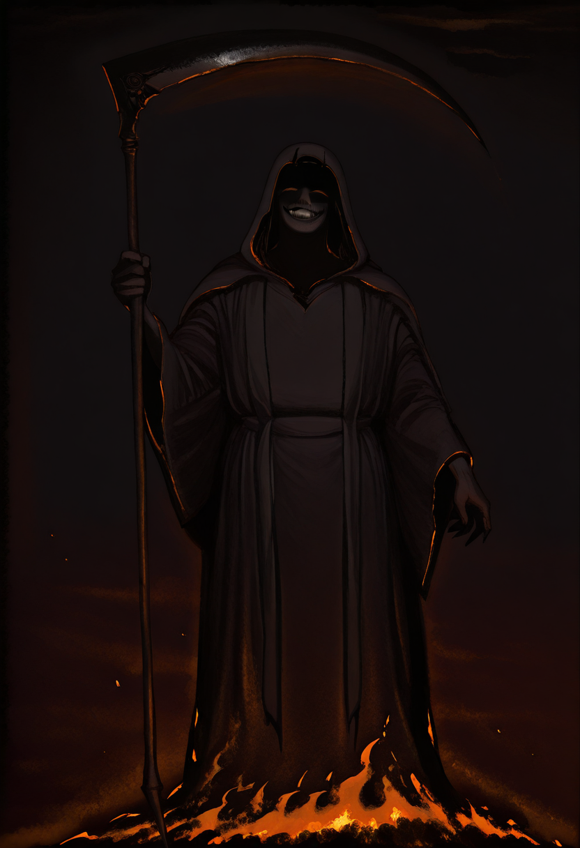 very aestetic, pt1chn1k, solo, 1other, faceless, grin, scythe, grim reaper, hood, robe, night, fire, dark, holding, weapon,