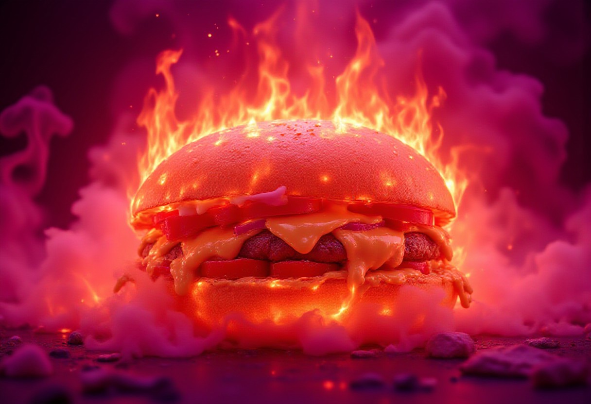 A massive burrito, completely engulfed in flames, inferno, blazing, concept art, masterpiece, perfect lighting, purple and pink flames, 8k, absurdres, massive fire - rendered in the highest quality