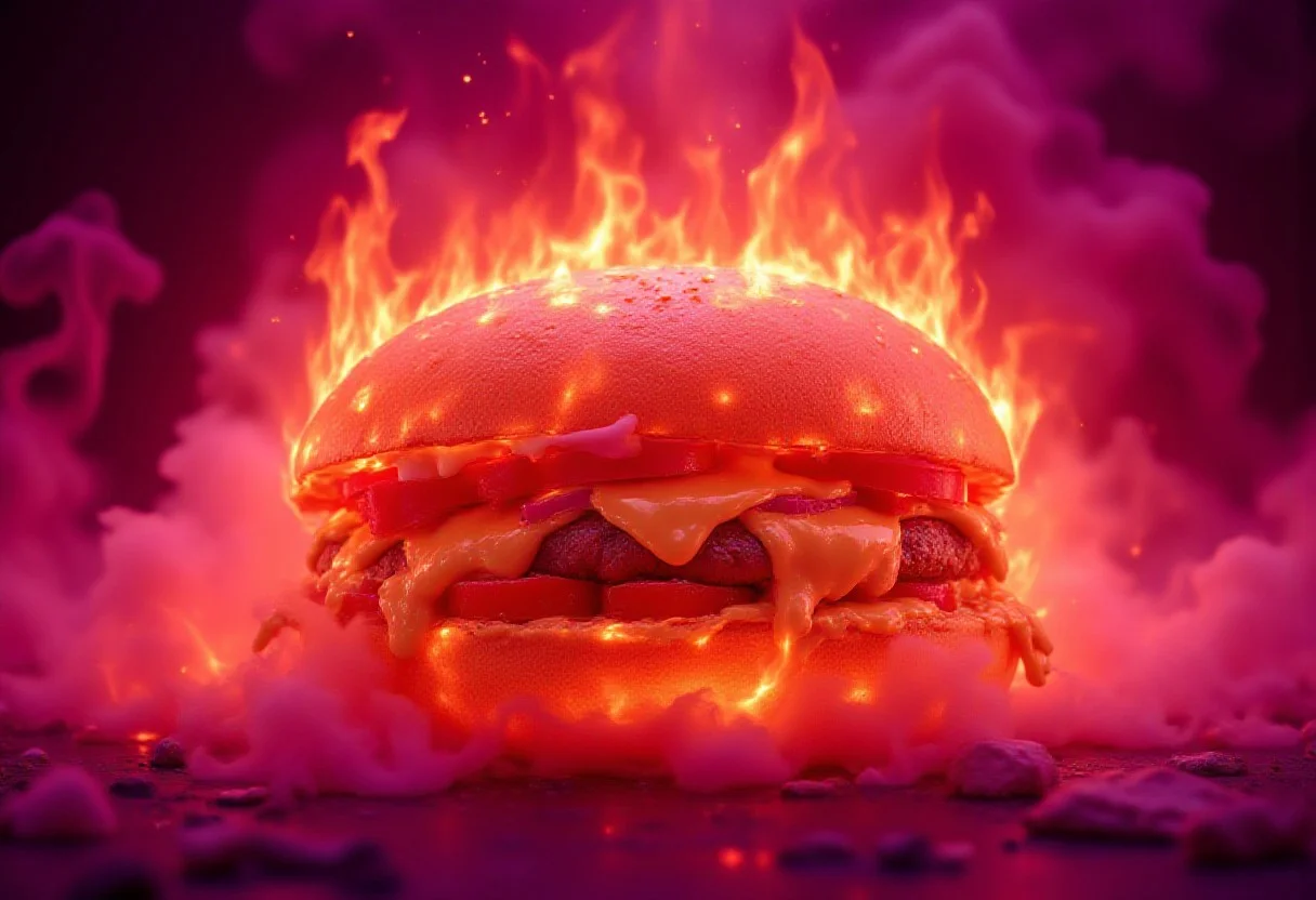 A massive burrito, completely engulfed in flames, inferno, blazing, concept art, masterpiece, perfect lighting, purple and pink flames, 8k, absurdres, massive fire - rendered in the highest quality