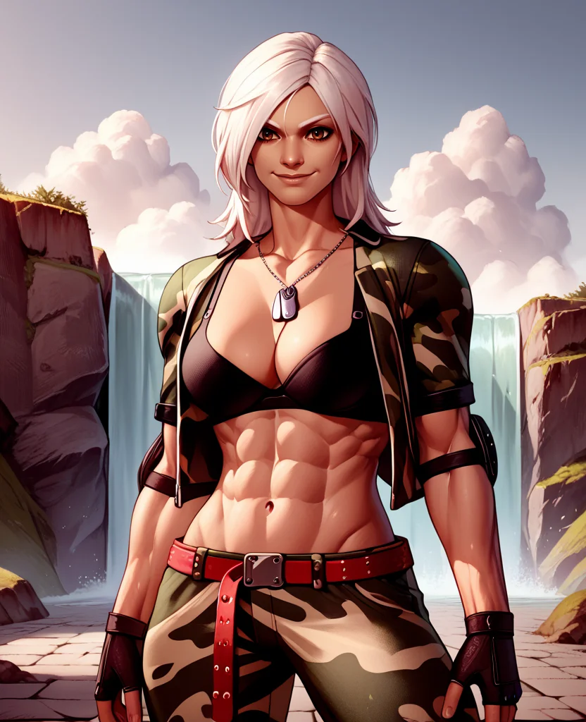 score_9,score_8_up,score_7_up,score_6_up,VannesaXL,white hair,brown eyes,
dog tags,elbow pads,open camouflaged jacket,midriff,camouflage pants,black bra,fingerless gloves,cleavage,sleeves rolled up,
toned,upper body,smiling,red belt,
waterfall,high mountain,stone floor,clouds,
standing,
<lora:VennesaXL:0.9>,
