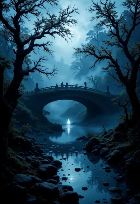 A haunted bridge spanning a misty river, with ghostly figures drifting across the water and glowing lanterns flickering in the fog.
, aidmaHalloweenBoost, aidmafluxpro1.1, aidmaimageupgrader, aidmaHyperrealism