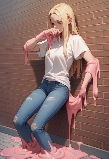 score_9, score_8_up, score_7_up, score_6_up, source_anime, <lora:slime_v0.1-pony:1>
1girl, long hair, blonde hair,
pink slime, jeans, shirt, dripping, sticky, brick wall,