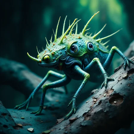 famous masterwork, intricately detailed fantasy oil painting, epic composition, detailed background, chiaroscuro, award-winning macro photo, (short depth of field:1.2), the (diminutive:1.4) "slender thundersmoggler" is a (colorful:1.3) grotesque and unearthly life form that dwells in the anderful canopies and bordyleggered zoodlecrunch of the exotic alien world "parblesnops", where they harvest pizzled xodder and (floating particles:1.3) for sustenance, (dappled sunlight:1.1), rim lighting, teal and electric blue and emerald green and mint green, mythp0rt <lora:image_enhancer-flux-by_dever:1.0> <lora:style-velvet's_mythic_fantasy-flux-by_velvets:0.52>