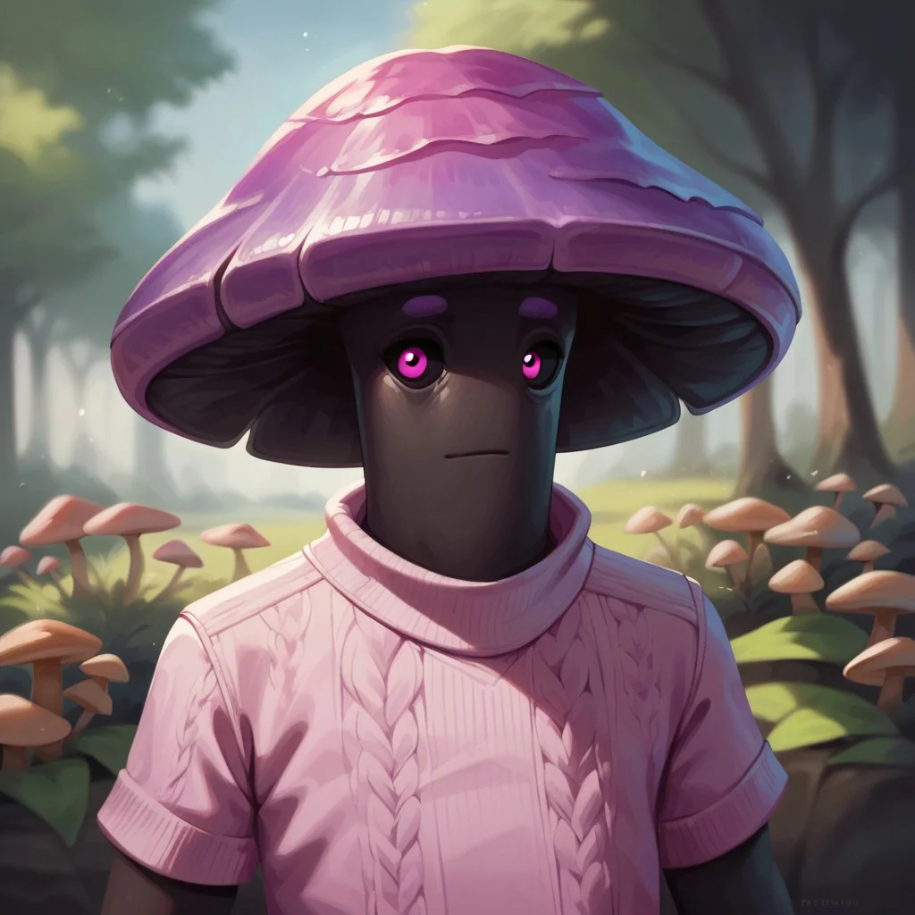 (((detailed, beautiful, high quality))), score_9, score_8_up, score_7_up, upper body,
myconid, anthro mushroom, mushroom cap, black sclera,
1male, purple hat, black skin, pink eyes, pink sweater,
looking at the viewer, posing, blurred background, blurred fantasy background,