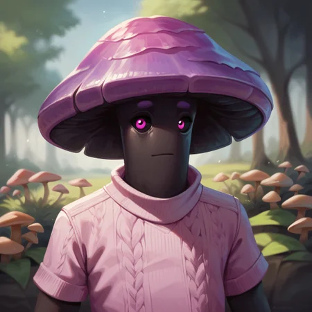 (((detailed, beautiful, high quality))), score_9, score_8_up, score_7_up, upper body,
myconid, anthro mushroom, mushroom cap, black sclera,
1male, purple hat, black skin, pink eyes, pink sweater,
looking at the viewer, posing, blurred background, blurred fantasy background,