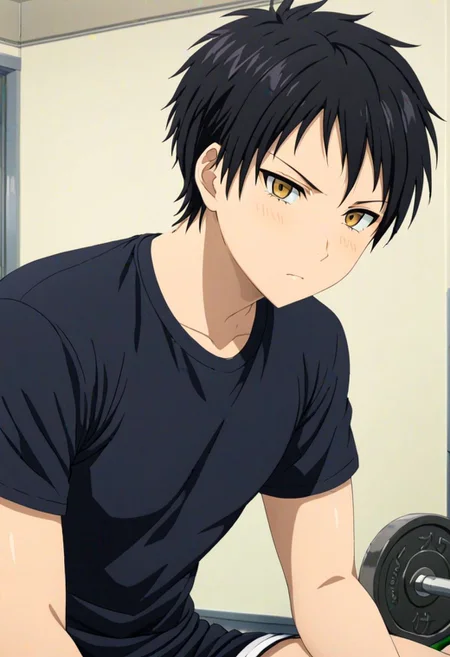 Sasuke Tsubaki, Yellow Eye, masterpiece, best quality, 1boy, solo, male focus, High definition, Black hair, 4K, gym boy