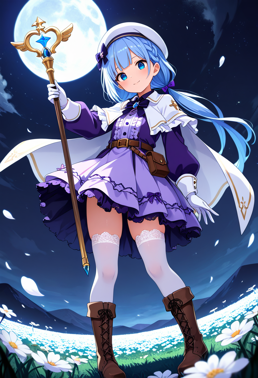 masterpiece, best quality, absurdres, very aesthetic, general,
1girl, blue eyes, white legwear, solo, blue hair, white gloves, outdoors, long hair, white headwear, brown footwear, purple dress, standing, beret, looking at viewer, smile, frills, staff, blush, dutch angle, belt, cross-laced footwear, field, hand up, full body, flower field, hat bow, frilled dress, lace-up boots, center frills, full moon, from below, black bow, brooch, petticoat, starry sky, white flower, white capelet, blue bow, wind, closed mouth, purple skirt, hair flower, wand, belt pouch, grass, low twintails, eyebrows visible through hair, thighhighs under boots, french braid, knee boots, moonlight, low ponytail, purple bow, lace trim, brown belt, night sky, night, depth of field, frilled skirt, hat flower, wind lift, arm up, buckle, glowing, holding staff, lace, buttons, evening, puffy long sleeves, belt buckle, hair bow, white cape, arm at side, horizon, parted lips, scenery, lace-trimmed legwear, black neckwear, single braid, frilled capelet, collared dress, pigeon-toed, head tilt, white thighhighs, purple bowtie, holding wand, fisheye, mountainous horizon, layered dress, falling petals, short dress, mountain, looking down, blunt bangs, crown braid, fold-over boots, neck ribbon, skindentation, pleated dress, hat ornament, flat chest, dot nose, black bowtie, lace-trimmed dress, (dark background:1.4),