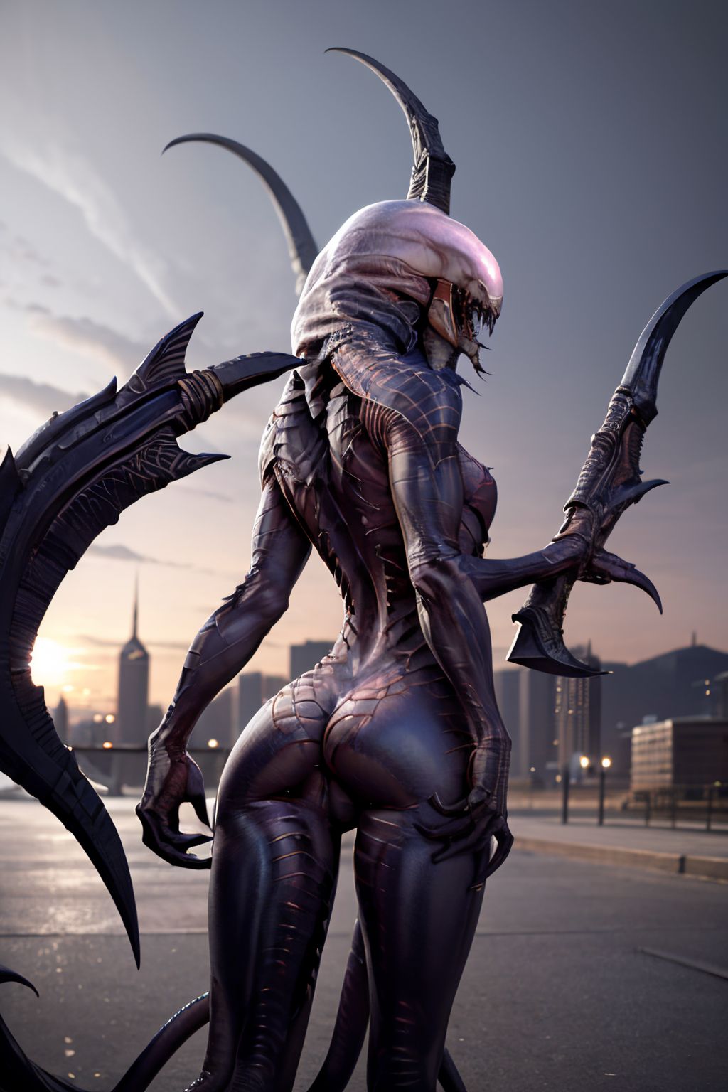 EdobWraithMonsterEvolve, sharp teeth, claws, tentacles, monster, scythe, alien, demon, horror (theme), blade, view from back, city street background (realistic:1.5), <lora:EdobWraithMonsterEvolve_v1.0:0.8>