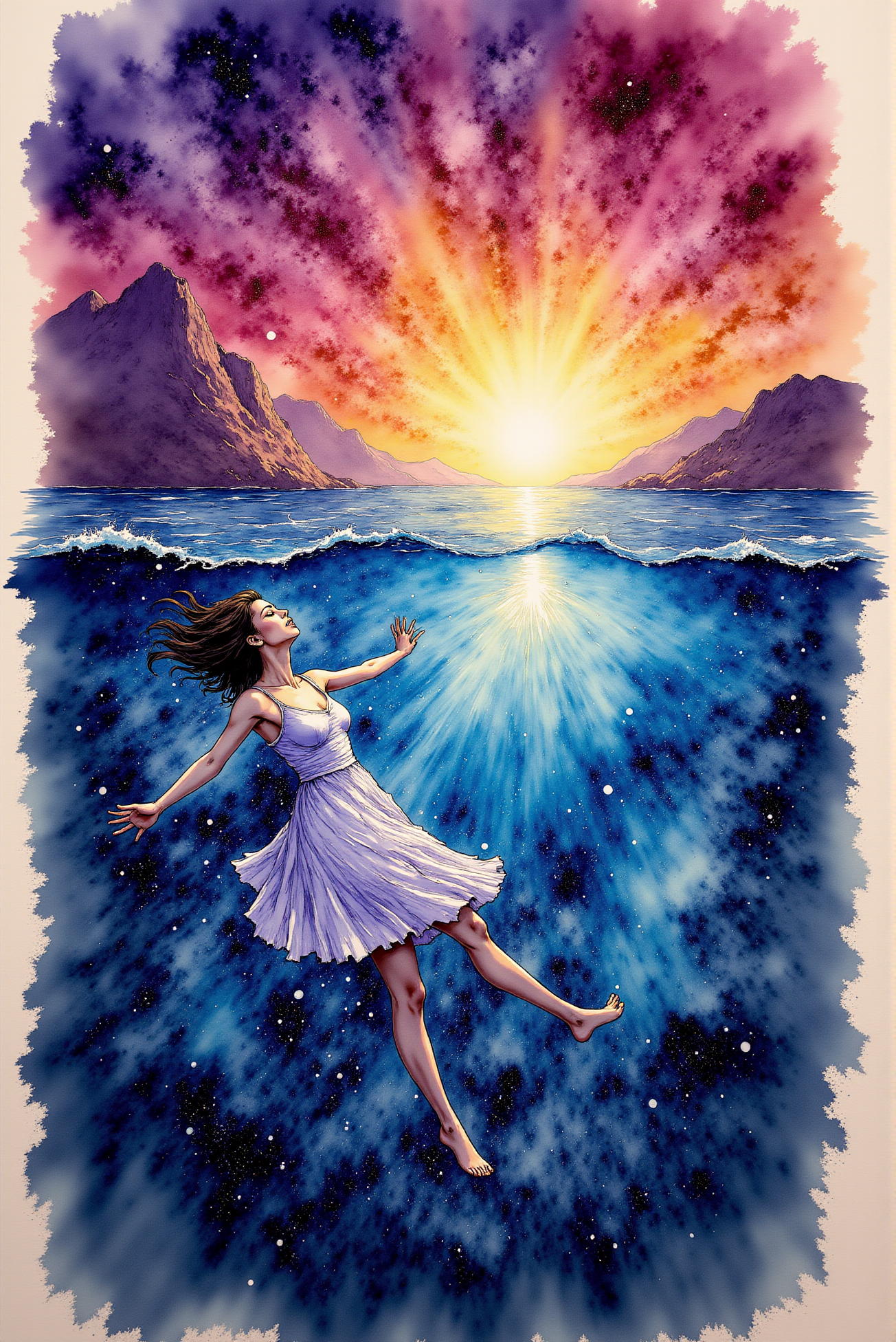 <lora:Vibrant_watercolor_v.22:0.9>   Watercolor sketch style.  Vibrant and sharp style. "The Celestial Diver – Free-Falling into a Cosmic Ocean".